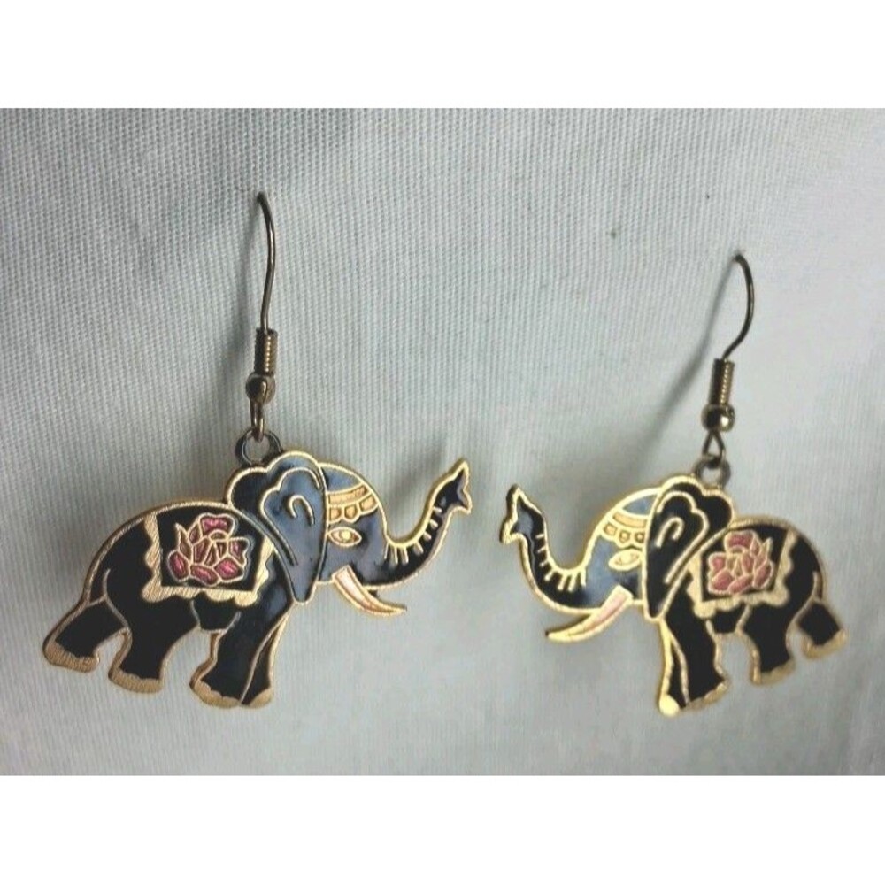 Vintage 90s Elephant Earrings Gold Tone Cloissoine Outline Artsy French Hook